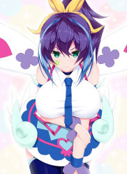 Rule 34 | 1girl, alternate breast size, aqua eyes, bare shoulders, blue angel, blue angel (cosplay), blue hair, blue thighhighs, blush, breasts, calcio, cosplay, detached sleeves, hair ribbon, highres, large breasts, leaning forward, long hair, looking at viewer, multicolored hair, ponytail, purple hair, ribbon, serena (yu-gi-oh!), solo, thighhighs, yu-gi-oh!, yu-gi-oh! arc-v, yu-gi-oh! vrains, yuu-gi-ou, yuu-gi-ou vrains
