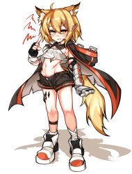 Rule 34 | 1girl, absurdres, ahoge, animal ear fluff, animal ears, arknights, bandaged arm, bandaged leg, bandages, black cape, black gloves, black shorts, blonde hair, blush, breasts, cape, commentary request, fang, fingerless gloves, fox ears, fox tail, full body, gloves, godgamesc2, groin, hair between eyes, hair ornament, hairclip, highres, hood, hooded cape, index finger raised, jewelry, korean commentary, leg strap, looking at viewer, material growth, midriff, navel, necklace, notched ear, orange eyes, oripathy lesion (arknights), parted lips, prosthesis, prosthetic arm, shadow, shirt, shoes, short hair, shorts, sidelocks, simple background, single fingerless glove, skindentation, small breasts, solo, standing, strapless, strapless shirt, sweat, tail, tooth necklace, torn cape, torn clothes, vermeil (arknights), white background, white footwear