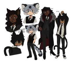 Rule 34 | 1girl, 2boys, animal ear fluff, animal ears, arms up, artist name, black coat, black eyes, black footwear, black hair, black hat, black jacket, black necktie, black pants, black suit, black sweater vest, cat boy, cat ears, cat girl, cat tail, character name, child, clenched teeth, closed mouth, coat, collared shirt, dark-skinned female, dark-skinned male, dark skin, deviidog0, english text, formal, full body, green eyes, grey hair, hair between eyes, hand in pocket, hand on own hip, hands in pockets, hat, high heels, highres, jacket, jewelry, long hair, long sleeves, looking at viewer, looking back, multicolored hair, multiple boys, multiple views, necktie, notched ear, open clothes, open jacket, original, pants, ring, shirt, shirt partially tucked in, short eyebrows, short hair, simple background, slit pupils, smile, snow leopard boy, snow leopard ears, snow leopard tail, standing, streaked hair, suit, sweater vest, tail, teeth, twitter username, very dark skin, white background