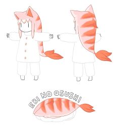Rule 34 | 1girl, animal ears, buttons, cat ears, closed mouth, colored skin, diode (0 division), fins, fish (food), food, food-themed clothes, full body, long hair, long sleeves, multicolored hair, multiple views, nigirizushi, original, outstretched arms, personification, pink hair, red hair, sidelocks, spread arms, standing, sushi, two-tone hair, white background, white skin, | |