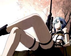 Rule 34 | 10s, 1girl, anti-materiel rifle, aqua eyes, aqua hair, artist request, bare legs, bare shoulders, bolt action, cartridge, fingerless gloves, from below, gloves, gradient background, gun, hair ornament, hairclip, highres, legs, outdoors, pgm hecate ii, rifle, short shorts, shorts, sinon, sitting, skindentation, sleeveless, sniper rifle, solo, sword art online, thighs, tree, watermark, weapon