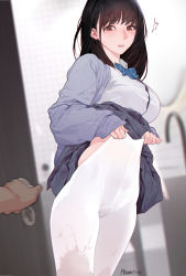 Rule 34 | 1girl, absurdres, artist name, bathroom, black hair, blue neckwear, blue skirt, blue sweater, blurry, blurry background, blush, breasts, brown eyes, cameltoe, clothes lift, collared shirt, commentary request, dated, depth of field, door, doorway, faucet, highres, hitomi o, jacket, large breasts, long hair, looking at viewer, neck ribbon, no panties, open mouth, original, pantyhose, pantyhose lift, pov, pov doorway, ribbon, school uniform, shirt, skirt, skirt lift, sleeves past wrists, solo focus, stained clothes, standing, surprised, sweater, sweater jacket, walk-in, white pantyhose, white shirt