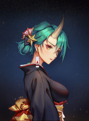 Rule 34 | 1girl, absurdres, alternate hairstyle, arknights, black kimono, earrings, eyeliner, green eyes, hair between eyes, hair ornament, highres, horns, hoshiguma (arknights), japanese clothes, jewelry, kimono, long sleeves, looking at viewer, looking to the side, makeup, open mouth, single horn, solo, star (symbol), star hair ornament, yellow eyes, yimoduo