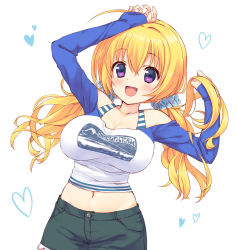 Rule 34 | 1girl, :d, black pants, blonde hair, blue scrunchie, blue sleeves, breasts, hair ornament, hair scrunchie, heart, highres, large breasts, lena liechtenauer, long hair, looking at viewer, namamoto, navel, open mouth, pants, purple eyes, raglan sleeves, scrunchie, senren banka, shirt, simple background, smile, solo, taut clothes, taut shirt, twintails, upper body, white background