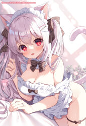 Rule 34 | 1girl, :d, animal ears, apron, bare shoulders, bed sheet, black bow, bow, cat ears, cat girl, cat tail, collarbone, commentary request, dutch angle, frilled apron, frills, grey hair, groin, hair between eyes, hair bow, hair ornament, hairclip, heart, heart-shaped pupils, long hair, looking at viewer, lying, mauve, naked apron, on side, open mouth, original, red eyes, smile, solo, strap slip, striped bow, symbol-shaped pupils, tail, two side up, very long hair, white apron, window, x hair ornament