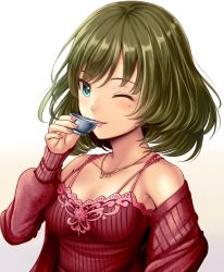 Rule 34 | 10s, 1girl, ;d, blue eyes, bowl, breasts, chiko (kanhogo), choko (cup), close-up, collarbone, cup, drinking, gradient background, green hair, idolmaster, idolmaster cinderella girls, jewelry, long sleeves, mole, mole under eye, nail polish, necklace, off shoulder, one eye closed, open mouth, parted lips, pendant, pink nails, ribbed shirt, shirt, short hair, simple background, smile, solo, sweater, takagaki kaede, upper body, water