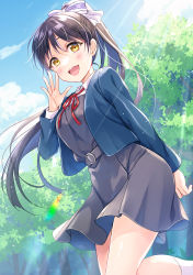 Rule 34 | 1girl, :d, arm behind back, blue jacket, blue sky, blush, bow, brown hair, cloud, collared shirt, day, dress, floating hair, grey dress, hair between eyes, hair bow, hazuki ren, high ponytail, highres, jacket, long hair, long sleeves, looking at viewer, love live!, love live! superstar!!, neck ribbon, open clothes, open jacket, open mouth, outdoors, pinafore dress, red ribbon, ribbon, sakou mochi, school uniform, shirt, short dress, sky, sleeveless dress, smile, socks, solo, standing, standing on one leg, sunlight, very long hair, white bow, white shirt, white socks, wing collar, yellow eyes, yuigaoka school uniform