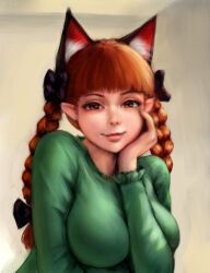 Rule 34 | 1girl, animal ears, bow, braid, breasts, cat ears, dress, extra ears, freckles, green dress, hair bow, hand on own face, highres, kaenbyou rin, large breasts, long hair, looking at viewer, red eyes, red hair, ribbon, smile, solo, touhou, twin braids, yyf (seaknight)