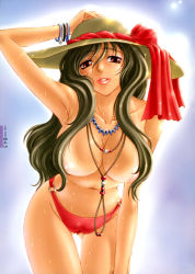 Rule 34 | 1girl, arm up, armpits, bikini, bikini tan, blush, bracelet, breasts, brown hair, cameltoe, censored, convenient censoring, grey hair, hair censor, hair over breasts, hat, highres, jewelry, kanesada keishi, large breasts, leaning forward, lips, lipstick, long hair, makeup, navel, necklace, o-ring, o-ring bottom, original, parted lips, red eyes, solo, straw hat, swimsuit, tan, tanline, thigh gap, thighs, topless, wavy hair, wet