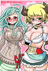 Rule 34 | 2girls, bell, blonde hair, blush, breasts, cleavage, cow girl, cow horns, cow tail, cowbell, cowboy shot, crossed arms, drill hair, flying sweatdrops, glasses, green eyes, green hair, horn ornament, horn ring, horns, lamia, large breasts, media (monster musume), monster girl, monster musume no iru nichijou, monster musume no iru nichijou online, multiple girls, scales, shake-o, shiny skin, short hair, sketch, snake hair, sweater, tail, tolepas (monster musume), twitter username