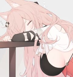 Rule 34 | 1girl, animal ear fluff, animal ears, arknights, breasts, closed eyes, grey background, hair ornament, highres, large breasts, long hair, pink hair, pozyomka (arknights), risshu, sideboob, simple background, sleeping, sleeping upright, solo, table, upper body, wolf ears, wolf girl, zzz