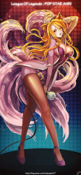 Rule 34 | 1girl, :o, absurdres, ahri (league of legends), alternate costume, alternate hair color, animal ears, arm behind head, arm up, belt, between legs, black pantyhose, blonde hair, bow, breasts, character name, cleavage, copyright name, cosplay, facial mark, floating hair, fox ears, fox tail, from side, full body, girls&#039; generation, gradient background, hair between eyes, hat, hat bow, heart, high heels, highres, holding, idol, jacket, large breasts, league of legends, leaning forward, legs, pantyhose under shorts, lights, long hair, long legs, looking at viewer, microphone, miniskirt, multiple tails, open clothes, open jacket, open mouth, pantyhose, peaked cap, popstar ahri, purple heels, raised eyebrows, shoes, short shorts, shorts, signature, sinbe, skirt, solo, sparkle, stage, stage lights, standing, tail, watermark, web address, whisker markings, yellow eyes, zipper