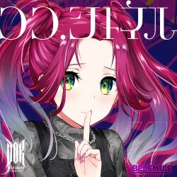 Rule 34 | 1girl, absurdres, album cover, berryverrine, black shirt, chain necklace, closed mouth, cover, denonbu, finger to mouth, green eyes, grey sweater, hand up, highres, index finger raised, jewelry, logo, long hair, looking at viewer, nail polish, necklace, official art, parted bangs, pink hair, second-party source, shirt, shushing, solo, song name, sweater, twintails, upper body, yuna (denonbu)