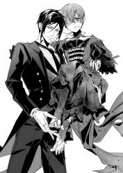 Rule 34 | 2boys, artist name, barefoot, black gloves, black necktie, black pants, black suit, butler, buttoned cuffs, buttons, ciel phantomhive, closed mouth, crossdressing, dress, eyepatch, formal, gloves, greyscale, hair between eyes, hand on another&#039;s shoulder, highres, jacket, jewelry, kuroshitsuji, long dress, long sleeves, looking at viewer, monochrome, multiple boys, necktie, open clothes, open jacket, pants, parted lips, ribbon, ring, sebastian michaelis, short hair, sidelocks, simple background, smile, standing, suit, toes, white background, white gloves, yisuan23