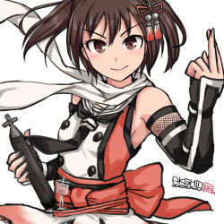 Rule 34 | 1girl, black gloves, black neckerchief, brown eyes, brown hair, buttons, commentary request, double-breasted, elbow gloves, fingerless gloves, gauntlets, gloves, hamu agaki, highres, kantai collection, neckerchief, one-hour drawing challenge, sailor collar, scarf, school uniform, sendai (kancolle), serafuku, short hair, sleeveless, solo, torpedo, two side up, white sailor collar, white scarf