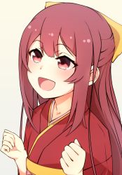 Rule 34 | 1girl, blush, bow, hair between eyes, hair bow, highres, japanese clothes, kamikaze (kancolle), kantai collection, kimono, long hair, meiji schoolgirl uniform, namaata, open mouth, red eyes, red hair, red kimono, simple background, solo, upper body, yellow background, yellow bow