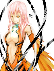 Rule 34 | 10s, 1girl, absurdres, bare shoulders, breasts, center opening, cleavage, detached sleeves, elbow gloves, fingerless gloves, gloves, guilty crown, hair ornament, hairclip, highres, kumiko shiba, long hair, navel, orange eyes, pink hair, red eyes, solo, standing, twintails, yuzuriha inori