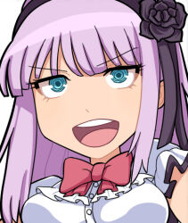 Rule 34 | 1girl, :d, black flower, black hairband, black rose, blue eyes, bow, bowtie, breasts, buttons, commentary request, dagashi kashi, flower, frilled shirt, frills, hairband, hospital king, large breasts, long hair, looking at viewer, medium bangs, open mouth, portrait, purple hair, red bow, red bowtie, ringed eyes, rose, round teeth, shidare hotaru, shirt, sidelocks, simple background, smile, solo, teeth, upper teeth only, v-shaped eyebrows, white background, white shirt