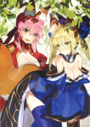 Rule 34 | 2girls, absurdres, blonde hair, blush, bow, breasts, brown eyes, closed mouth, cosplay, costume switch, epaulettes, fang, fate/extra, fate/grand order, fate (series), gold trim, green eyes, hair bow, hair bun, highres, japanese clothes, kimono, long hair, medium breasts, multiple girls, nero claudius (fate), nero claudius (fate) (all), pink hair, ponytail, puffy sleeves, scan, skin fang, tamamo (fate), tamamo no mae (fate/extra), thighhighs, wada arco, wide sleeves, zettai ryouiki