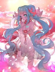 Rule 34 | 1girl, alternate costume, asymmetrical legwear, babydoll, bad id, bad pixiv id, beads, between fingers, blue eyes, blue hair, blue nails, breasts, closed mouth, cloud, dress, eyelashes, fingernails, floral print, flower, glowing, hair ornament, hair ribbon, hatsune miku, headphones, headset, holding, holding own hair, lace, lingerie, long fingernails, long hair, looking at viewer, mamaloni, matching hair/eyes, microphone, nail polish, petals, red flower, red ribbon, ribbon, see-through, sharp fingernails, sideboob, sleeveless, sleeveless dress, smile, solo, string, twintails, underboob, underwear, uneven legwear, very long hair, vocaloid