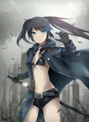 Rule 34 | 1girl, asymmetrical hair, bikini, bikini top only, black bikini, black coat, black gloves, black hair, black rock shooter, black rock shooter (character), black shorts, blue eyes, cloud, cloudy sky, coat, cowboy shot, flaming eye, flat chest, floating hair, front-tie bikini top, front-tie top, gloves, highres, holding, holding sword, holding weapon, jenson tw, lens flare, long hair, looking at viewer, midriff, navel, open clothes, open coat, outdoors, petals, sheath, short shorts, shorts, signature, sky, solo, standing, star (symbol), star print, stomach, swimsuit, sword, twintails, unsheathing, very long hair, weapon