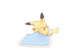 Rule 34 | :3, animal focus, arms up, blanket, closed eyes, closed mouth, creatures (company), full body, game freak, gen 1 pokemon, gerigoo, happy, highres, nintendo, no humans, pikachu, pillow, pokemon, pokemon (creature), simple background, sitting, sketch, smile, solo, stretching, under covers, upper body, white background