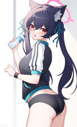 Rule 34 | 1girl, absurdres, animal ear fluff, animal ears, aqua ribbon, ass, black buruma, black hair, black jacket, blue archive, bottle, buruma, commentary request, hair between eyes, hair ribbon, halo, highres, holding, holding bottle, jacket, long hair, looking at viewer, official alternate costume, open mouth, pink halo, plastic bottle, poinia, red eyes, ribbon, serika (blue archive), solo, thighs, track jacket, twintails, twitter username, water bottle
