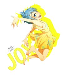 Rule 34 | 1girl, bad id, bad pixiv id, barefoot, blue eyes, blue hair, character name, colored skin, inside out, joy (inside out), matching hair/eyes, mum (pixiv1182764), open mouth, personification, pixar, short hair, smile, solo, yellow skin
