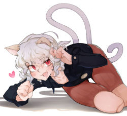 Rule 34 | 1girl, aioi u, animal ears, cat ears, cat tail, doll joints, fang, fingernails, hunter x hunter, joints, messy hair, neferpitou, other focus, red eyes, sharp fingernails, smile, solo, tail, white background, white hair