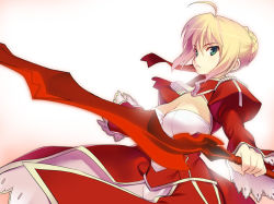 Rule 34 | 10s, 1girl, aestus estus, ahoge, azu, azu-lite, backlighting, blonde hair, breasts, cleavage, dress, epaulettes, fate/extra, fate (series), green eyes, hair ribbon, large breasts, looking at viewer, nero claudius (fate), nero claudius (fate) (all), nero claudius (fate/extra), ribbon, simple background, solo, sword, weapon, white background