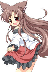 Rule 34 | 1girl, :d, animal ears, blush, brown eyes, brown hair, fang, imaizumi kagerou, long sleeves, looking at viewer, looking back, off shoulder, open mouth, pila-pela, shirt, simple background, skirt, smile, solo, tail, touhou, white background, wide sleeves, wolf ears, wolf tail