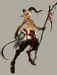 Rule 34 | 1girl, absurdres, animal ears, artist name, bare shoulders, black pants, black skin, breasts, collarbone, colored skin, copyright request, fingernails, full body, goat horns, goat tail, grey background, highres, holding, holding staff, hooves, horizontal pupils, horns, jewelry, looking to the side, monster girl, navel, necklace, orange eyes, p (pm 611a), pants, pointy ears, sarashi, satyr, sharp fingernails, shirt, simple background, small breasts, solo, staff, white hair, white shirt