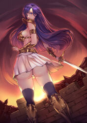 Rule 34 | 1girl, armor, asou yuuko, ass, backboob, bandana, bikini armor, blue eyes, blue hair, boots, breasts, castle, from behind, gold armor, highres, holding, holding sword, holding weapon, knee boots, large breasts, light frown, long hair, miniskirt, mugen senshi valis, panties, red bandana, red scarf, ruins, scarf, seed01010, shoulder armor, shoulder pads, skirt, solo, sword, thighhighs, underwear, valis, vambraces, wall, weapon, white panties