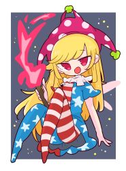 Rule 34 | 1girl, american flag dress, american flag pants, american flag print, blonde hair, blush, blush stickers, border, breasts, clownpiece, commentary request, dress, fairy wings, fire, grey background, hand up, hat, highres, holding, holding torch, jester cap, long hair, medium breasts, neck ruff, no shoes, op na yarou, pants, pantyhose, pink eyes, pink hat, polka dot, print pants, short sleeves, sidelocks, simple background, sitting, solo, star (symbol), star print, striped clothes, striped dress, striped pants, torch, touhou, white border, wings