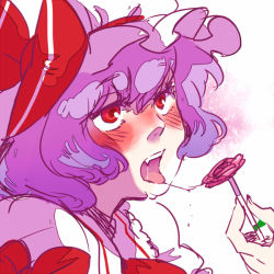 Rule 34 | 1girl, blush, candy, female focus, food, licking, lollipop, red eyes, remilia scarlet, saliva, saliva trail, sexually suggestive, shaped lollipop, short hair, sketch, solo, touhou, white background, yukataro