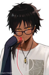 Rule 34 | 1boy, arknights, bespectacled, black gloves, black hair, blush, bright pupils, commentary, dark-skinned male, dark skin, earrings, fingerless gloves, glasses, gloves, imemi fryme, jewelry, looking at viewer, male focus, multiple necklaces, orange eyes, shirt, simple background, smile, solo, string, string of fate, thorns (arknights), thorns (comodo) (arknights), watermark, whistle, white background, white pupils, white shirt