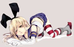 Rule 34 | 10s, 1girl, bad id, bad pixiv id, blonde hair, brown eyes, butt crack, gloves, hairband, highres, kantai collection, long hair, ribbon, shimakaze (kancolle), sofy, solo, striped clothes, striped thighhighs, thighhighs