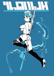 Rule 34 | 1girl, bikini, blue background, blue hair, blue theme, boots, bracelet, breasts, commentary, english commentary, fishnet thighhighs, fishnets, full body, goggles, goggles on head, high heel boots, high heels, highres, holding, holding polearm, holding weapon, jewelry, large breasts, limited palette, looking at viewer, mole, mole under eye, noyemik, open mouth, original, polearm, short hair, simple background, skindentation, solo, string bikini, swimsuit, thighhighs, water, water drop, weapon