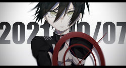 Rule 34 | 1boy, absurdres, black hair, black jacket, brown eyes, closed mouth, commentary request, danganronpa (series), danganronpa v3: killing harmony, dated, frown, grey background, hair between eyes, highres, jacket, letterboxed, long sleeves, looking at viewer, male focus, pointing, pointing at viewer, saihara shuichi, short hair, simple background, solo, upper body, waguri (ronpa)