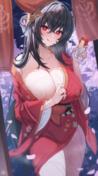 Rule 34 | 1girl, :q, absurdres, alternate costume, azur lane, black hair, blush, breasts, cleavage, closed mouth, collarbone, commentary, crossed bangs, hair ornament, heart, heart-shaped pupils, highres, holding, large breasts, long hair, looking at viewer, red eyes, single bare shoulder, smile, solo, symbol-shaped pupils, taihou (azur lane), tansuan (ensj3875), thighs, tongue, tongue out, wet