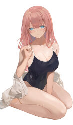 Rule 34 | 1girl, absurdres, arm between legs, bare legs, blush, breasts, cleavage, collarbone, commentary, covered navel, highres, indoors, kneeling, large breasts, locker, locker room, long hair, looking at viewer, one-piece swimsuit, original, pink hair, school uniform, shirt, solo, straight hair, swimsuit, tomura2maru, very long hair, water drop, white background, white shirt