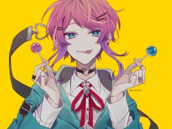 Rule 34 | 1boy, amemura ramuda, black choker, blue eyes, blue hoodie, candy, choker, closed mouth, collared shirt, food, heart, heart choker, highres, holding, holding candy, holding food, holding lollipop, hood, hood down, hoodie, hypnosis mic, lollipop, long sleeves, looking at viewer, male focus, pink hair, shiroko, shirt, short hair, smile, solo, tongue, tongue out, twitter username, white shirt, yellow eyes
