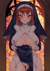 Rule 34 | 1girl, alternate costume, arrow through heart, blurry, blurry background, blush, breast curtains, breasts, commentary, cowboy shot, cross, garter belt, garter straps, habit, heterochromia, hololive, houshou marine, houshou marine (nun), kurokiri6630, large breasts, long hair, looking at viewer, nun, panties, parted lips, pelvic curtain, red eyes, red hair, revealing clothes, smile, solo, stained glass, standing, thigh gap, thighs, underboob, underwear, virtual youtuber, white panties, yellow eyes