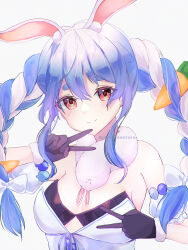 Rule 34 | 1girl, absurdres, animal ear fluff, animal ears, arm up, bare shoulders, black gloves, blue hair, blush, braid, breasts, carrot hair ornament, chiyonta, closed mouth, detached sleeves, don-chan (usada pekora), double v, food-themed hair ornament, fur trim, gloves, grey background, hair between eyes, hair ornament, highres, hololive, looking at viewer, multicolored hair, pink eyes, puffy short sleeves, puffy sleeves, rabbit ears, scarf, short sleeves, sidelocks, simple background, small breasts, smile, solo, thick eyebrows, twin braids, two-tone hair, upper body, usada pekora, usada pekora (1st costume), v, virtual youtuber, white background
