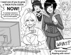 Rule 34 | 4girls, absurdres, animal ears, bb (baalbuddy), blake belladonna, blush, braid, braided ponytail, cat ears, computer, english text, greyscale, highres, keyboard (computer), meme, meta, monitor, monochrome, multiple girls, pleated skirt, ruby rose, rwby, side ponytail, simple background, sitting, skirt, speech bubble, swept bangs, table, weiss schnee, white background, yang xiao long