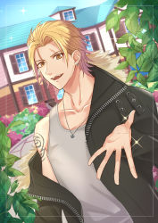 Rule 34 | 1boy, arm tattoo, black jacket, blonde hair, day, earrings, grey shirt, highres, house, jacket, jewelry, kirikuraria, kirishima kouya, necklace, open mouth, outdoors, outstretched hand, shirt, sparkle, stand my heroes, tattoo, yellow eyes