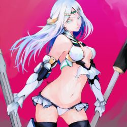 Rule 34 | 1girl, bare shoulders, bikini, black thighhighs, blue eyes, breasts, cleavage, elbow gloves, fate/grand order, fate (series), galatea (fate), gloves, halterneck, highres, joints, long hair, looking at viewer, medium breasts, moedredd, navel, parted bangs, pink background, polearm, robot joints, solo, swimsuit, thighhighs, thighs, tiara, weapon, white bikini, white gloves, white hair