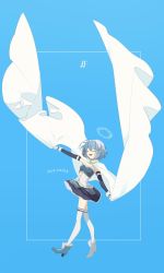Rule 34 | 1girl, belt buckle, blue background, blue eyes, blue footwear, blue hair, blue skirt, boots, buckle, cape, closed eyes, detached sleeves, fortissimo, gloves, hair ornament, halo, highres, madoka runes, magical girl, mahou shoujo madoka magica, mahou shoujo madoka magica (anime), mahou shoujo madoka magica movie 1 &amp; 2, miki sayaka, musical note, musical note hair ornament, open mouth, quarter note, short hair, skirt, smile, solo, staff (music), un nm5sy, white cape, white gloves