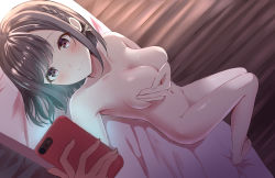 Rule 34 | absurdres, blush, braid, breasts, brown eyes, brown hair, cellphone, cleavage, collarbone, completely nude, covering privates, covering breasts, hand on own chest, highres, looking to the side, lying, maou1561, navel, nude, on back, on bed, phone, project sekai, screen light, selfie, shinonome ena, short hair, side braid, smartphone, thighs