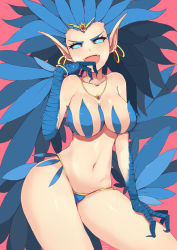 Rule 34 | :d, blue eyes, blue hair, bracelet, earrings, fangs, hair ornament, harpy, hearthstone, highres, jewelry, long hair, looking at viewer, midriff, monster girl, necklace, no pupils, open mouth, pink background, pointy ears, smile, solo, thong, tinpam, very long hair, windfury harpy, winged arms, wings
